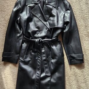 Babaton Black Faux-Leather Belted Trench Coat Size L